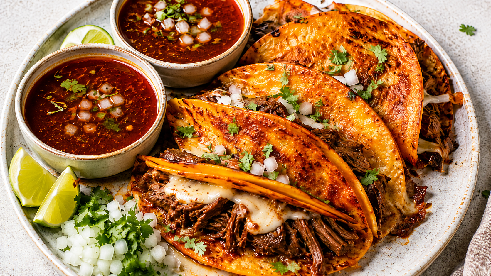 Cheesy Birria Tacos with Consomé